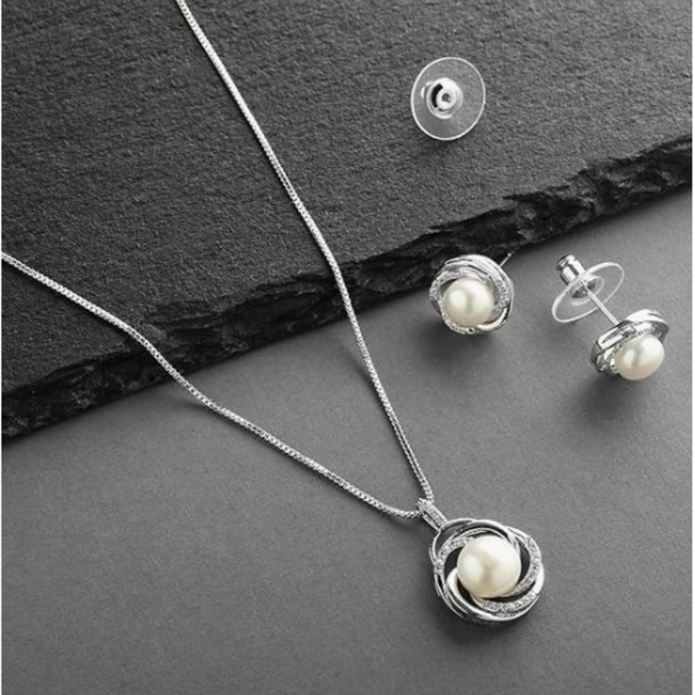 Marielle Pearl Cubic Zirconia Elegant Gift Ready Necklace Stud Earrings‎ Set